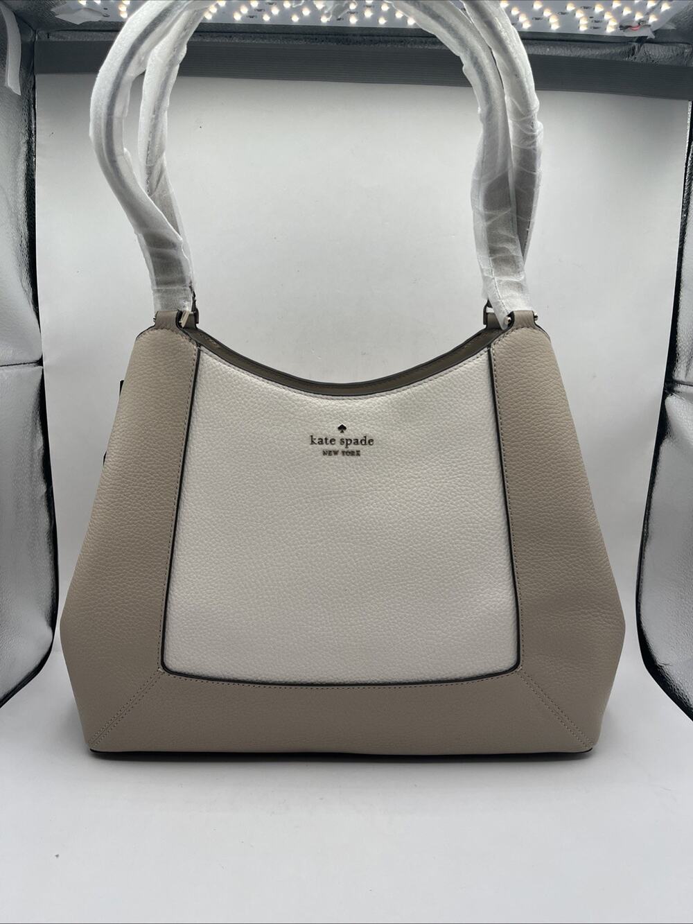 Kate Spade Lena Large 3-Compartment Shoulder Bag Ivory Gray Sand Leather Bag NWT